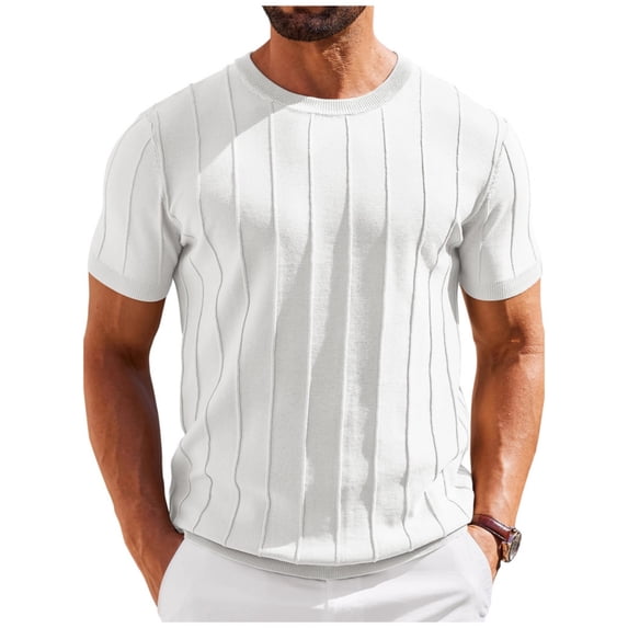 Men's T-Shirts Short Sleeve Crewneck Knit Shirts Summer Ribbed Textured Tee Shirts White S