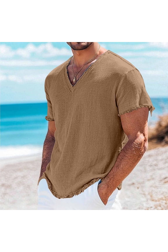 Men's T-Shirts Soild Color V Neck Classic Tees Tops Fashion Casual Short Sleeve Linen T-shirt for Beach Vacation
