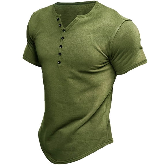 Rggeeun Men'S T-Shirts Solid Color Henley Buttons Knit Short Sleeve V-Neck Knit Relaxed Fit For Outdoor Play Comfort Tops,Green,L