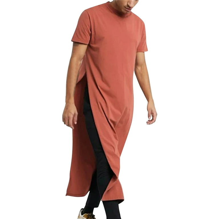 Men s T Shirts Spring and Summer Solid Color Robes with Slits On Both Sides Round Neck Short Long Sleeve Shirts for Men