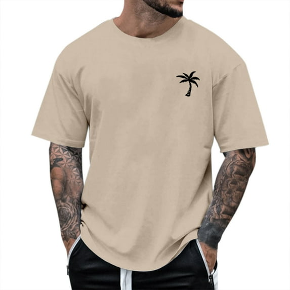 Men's T-Shirts Summer Beach Little Tree Print Short Sleeve Crew Neck Refreshing Breathable Resistant Daily Khaki Tee Shirts Sizes 2XL