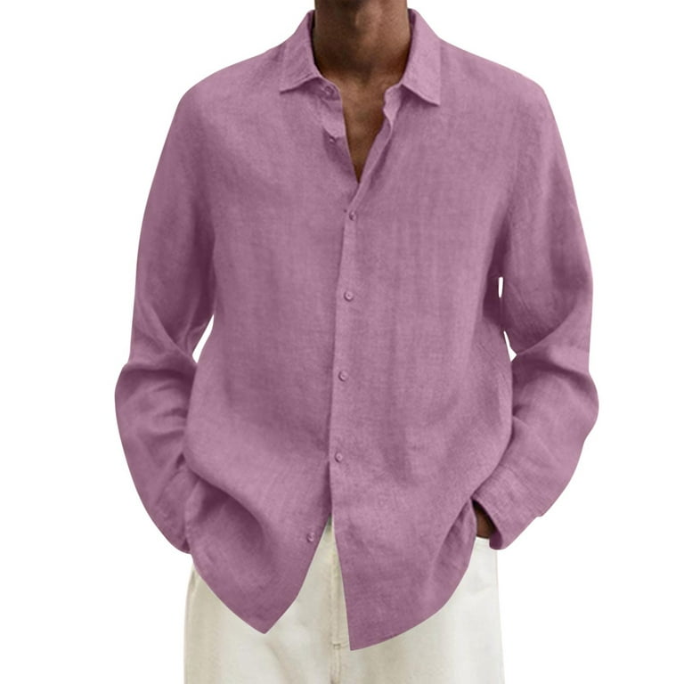 Shirts for Men Summer Cotton Linen Solid Loose Turn Down Collar Long Sleeve male Tops Pink XXL, Men's, Size: 2XL