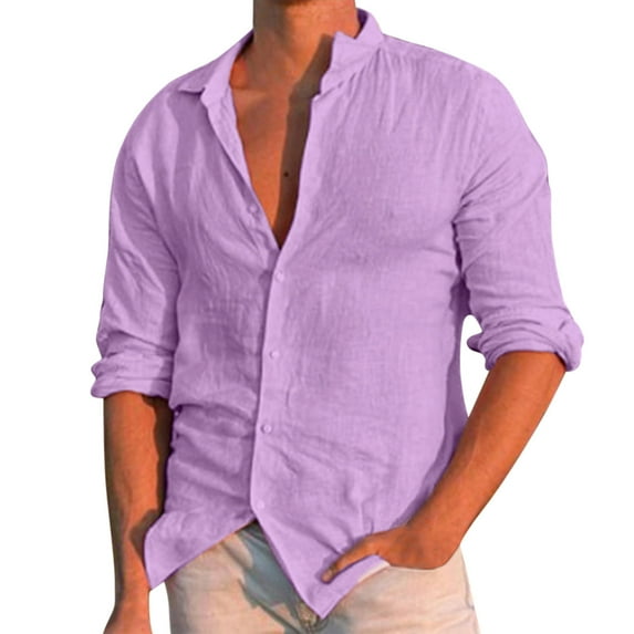 Men's T-Shirts Summer Cotton Linen Solid Plus Size Loose Turn Down Collar Long Sleeve Shirts for Men