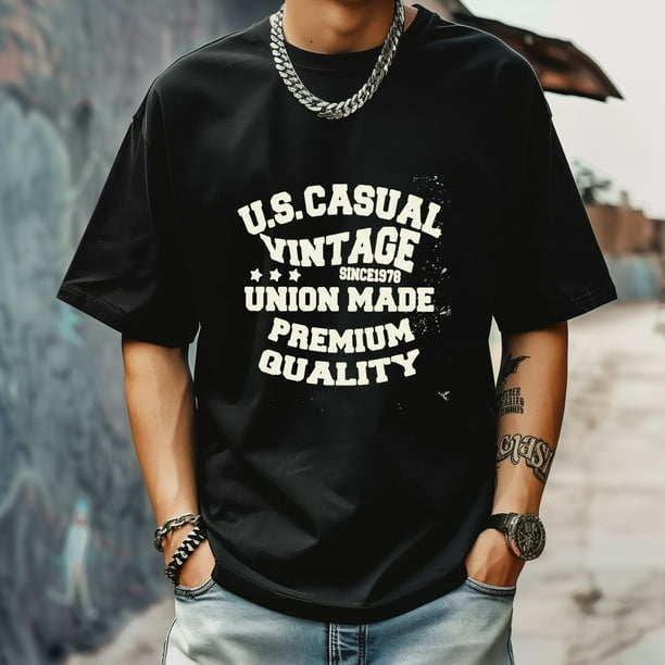 Men s T Shirts Summer New Trendy Sports Shirt Round Neck Patterned Tee Loose Classic Style S