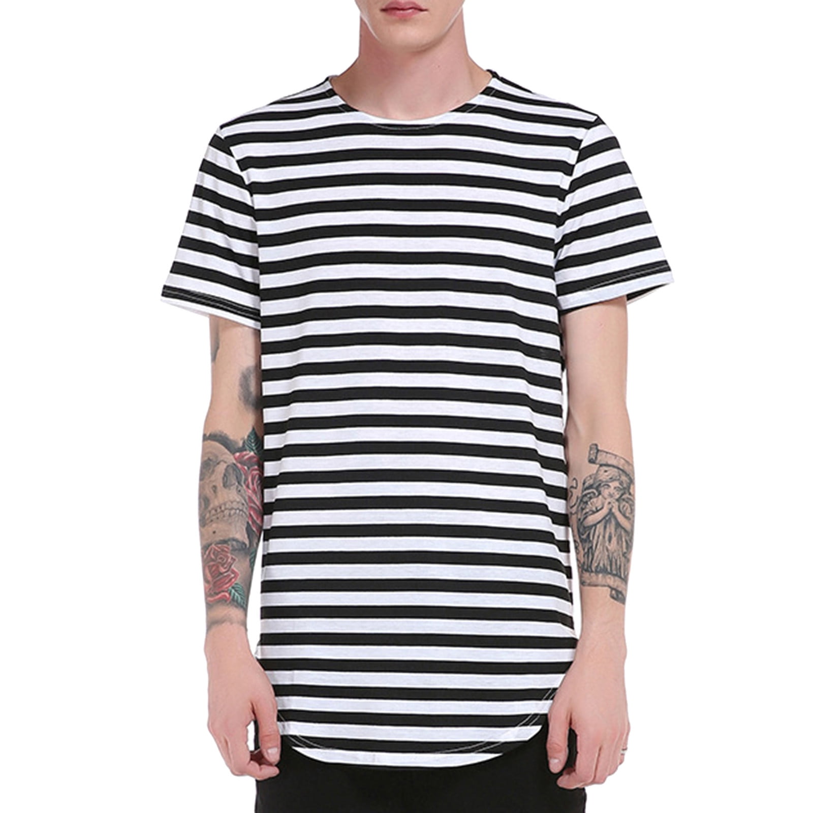 Men's TShirts Summer Striped Short Round Neck Long Sleeveclothes Length Casual Loose Stylish