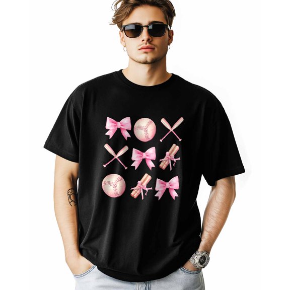 Men's T Shirts, Sweet Bow Baseball Bat T-Shirt for Men Crew Neck Tees Cotton Tops, Black, M