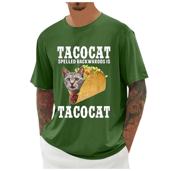 Men's T Shirts Taco Cat Printed Casual Short Sleeve Graphic Tees Soft Loose Lightweight Fit Comfortable Crew Neck Shirts for Men Army Green M