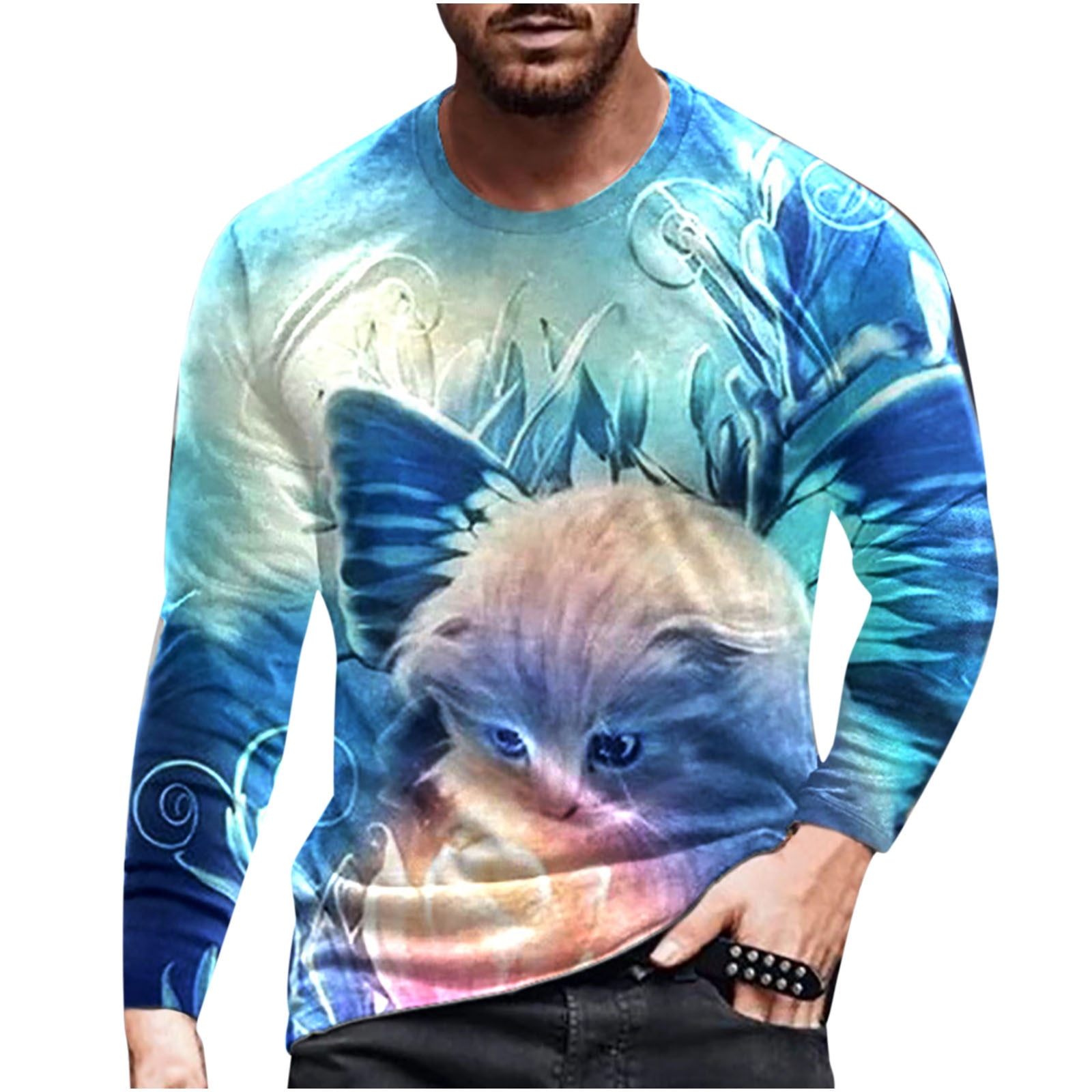Men's T-Shirts Tops Fashion 3D Lion Animal Printed Casual Round Neck  Pullover Printed Long Sleeve Shirt Graphic Tees 