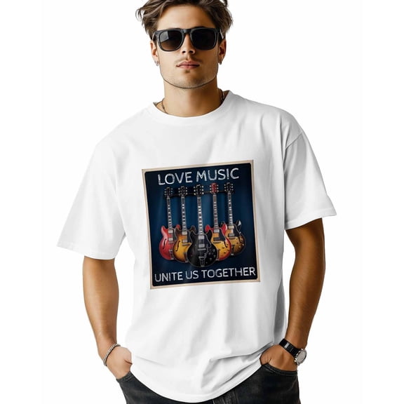 Men's T Shirts, UNITE US TOGETHER Retro Guitar T-Shirt for Men Crew Neck Tees Cotton Tops, White, XS