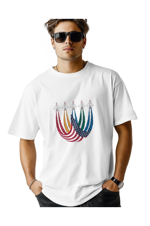 Men's T Shirts, USA Flag Fighter Jets T-Shirt for Men Crew Neck Tees Cotton Tops, White, M