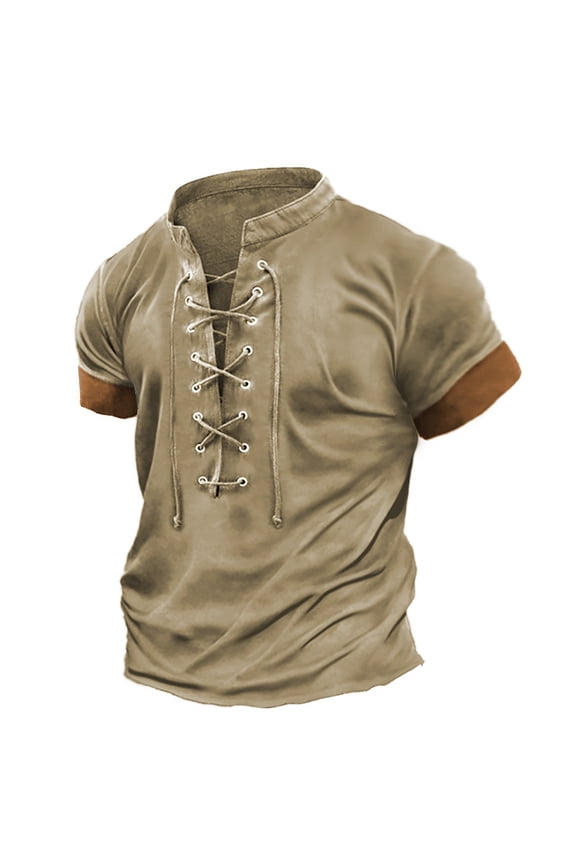 Men's T-Shirts Vintage Lace Up Drawstring Lightweight Short Sleeved Fitness T Shirt Sports Dailywear T-Shirt