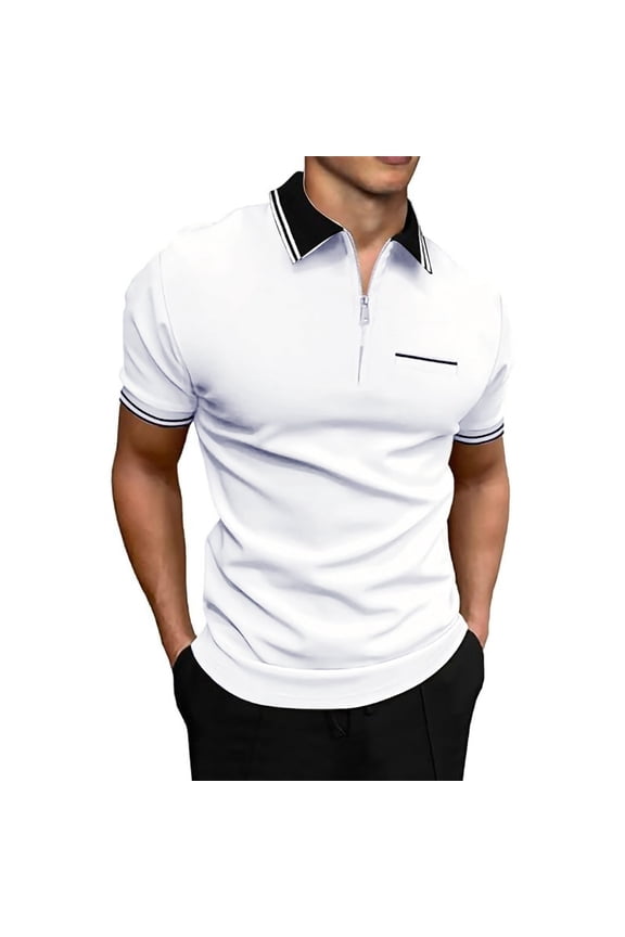 Men's T-Shirts Zipper Turn Down Collar Short Sleeved T Shirt Solid Color Polo Shirts Sports Dailywear T-Shirt