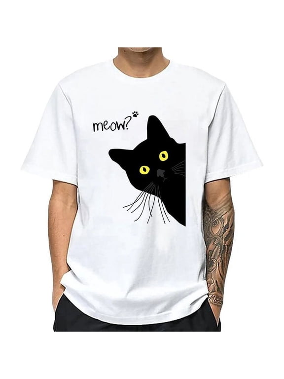 Men's T-shirt 100% Cotton Summer Meow Black Cat Print Men T Shirt Casual Loose o-neck Men Tshirt Short Sleeve t-shirt Male Tees
