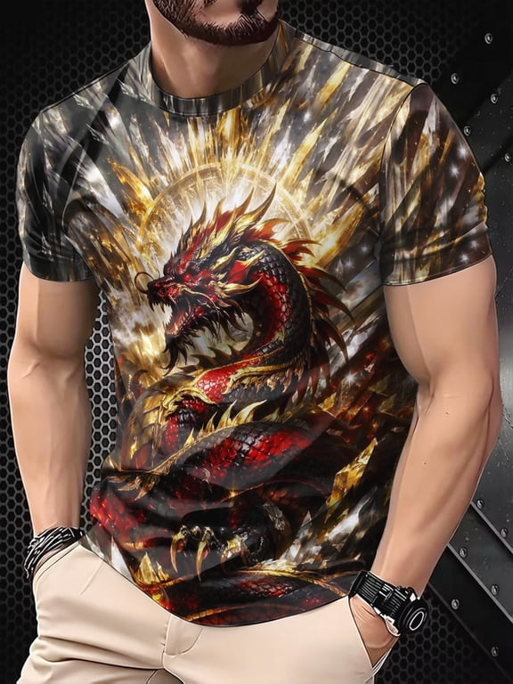 Men's T-shirt - 3D full of three-dimensional dragon pattern, anti-wrinkle short-sleeved crew neck top, large size casual summer wear, suitable for theme activities and daily wear, machine washable