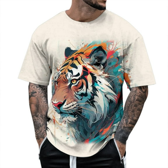 Youmylove Men's T-shirt Tiger Printed Short Sleeve Crew Neck Loose Casual Fashionable Tees Male's top Slim Fit Stylish Streetwear