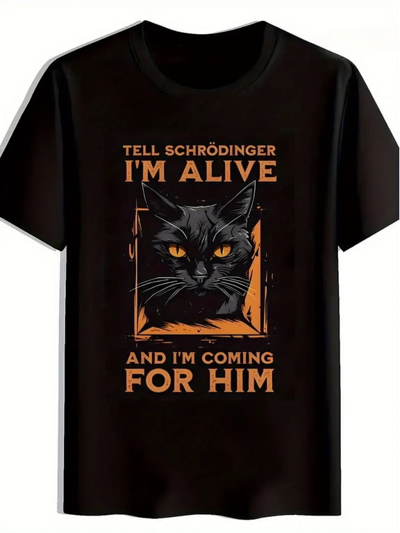 Men's T-shirt Vintage Cat with Orange Eyes and Schrodinger Humor Meme Tee Hip Hop Women Harajuku Y2k Cotton Streetwear Oversized