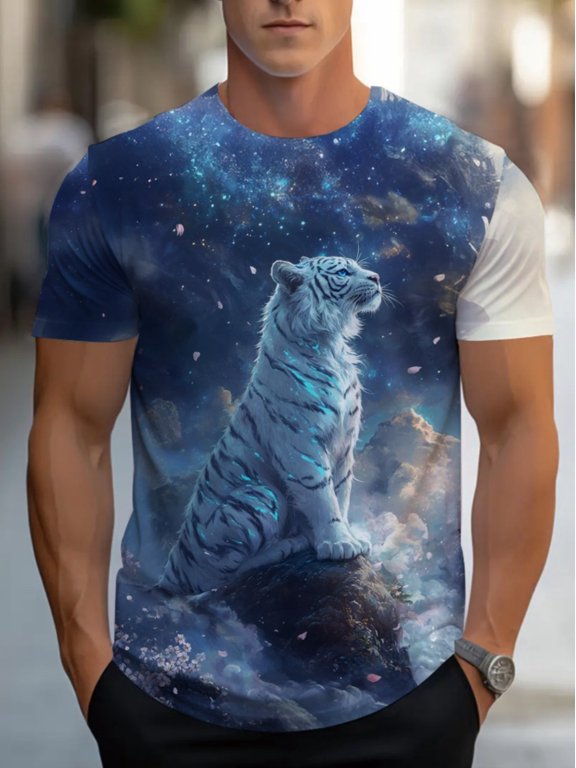 Men's T-shirt - White Tiger Galaxy print, soft and breathable fabric, light and thin summer home and outdoor wear, blue regular crew neck comfortable top, star inspired design, machine washable