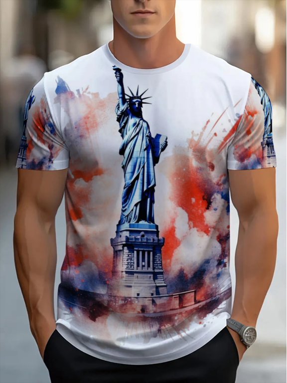 Men's T-shirt with free Muse print, lightweight and durable design, suitable for daily wear, outdoor activities and travel, with bright red and blue embellishments on a white background