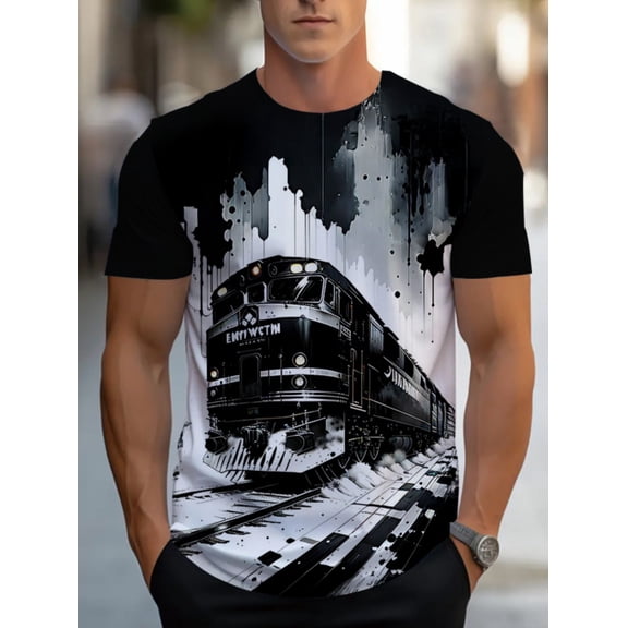 Men's T-shirt, retro train pattern design, black and white printing, light and durable, suitable for daily wear, suitable for home, office or outdoor activities, adult comfortable version