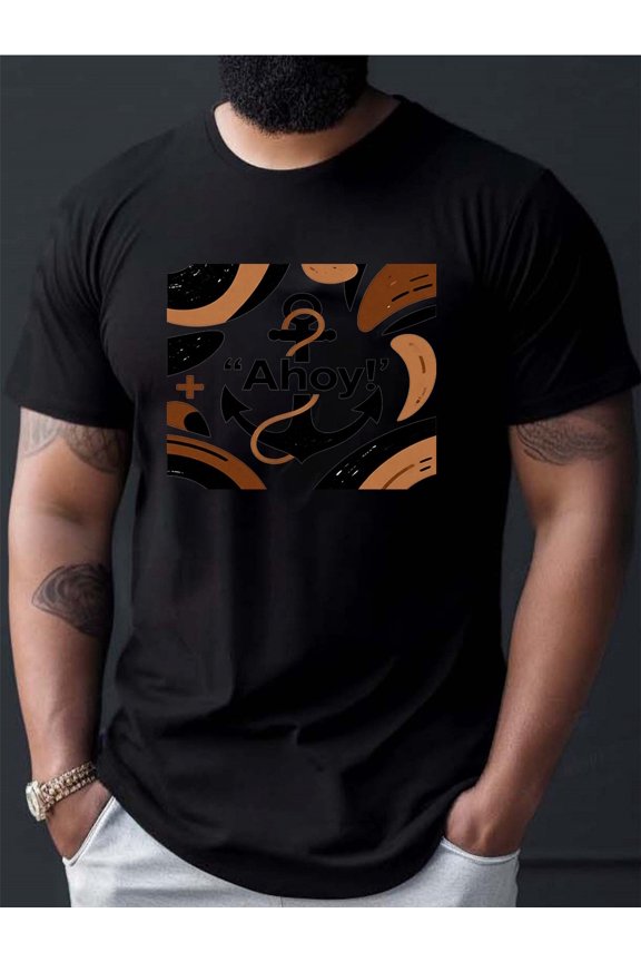 Men's T-shirtHand - Drawn Anchor Pattern + 'Ahoy!' Slogan Adult T - ShirtSaili