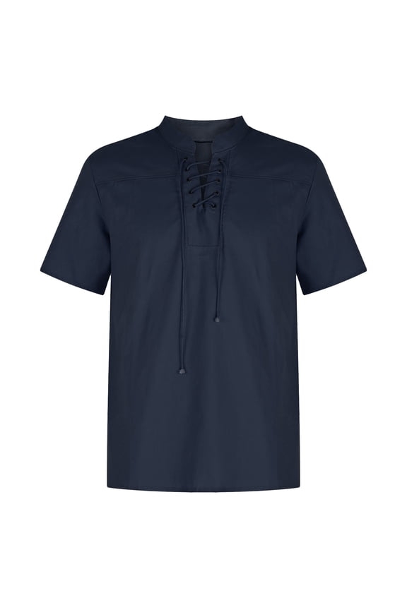 Men's T-shirts Drawstring Collar Retro Boho Loose Casual Short Sleeve Plain Shirt Lightweight Summer Beach Top