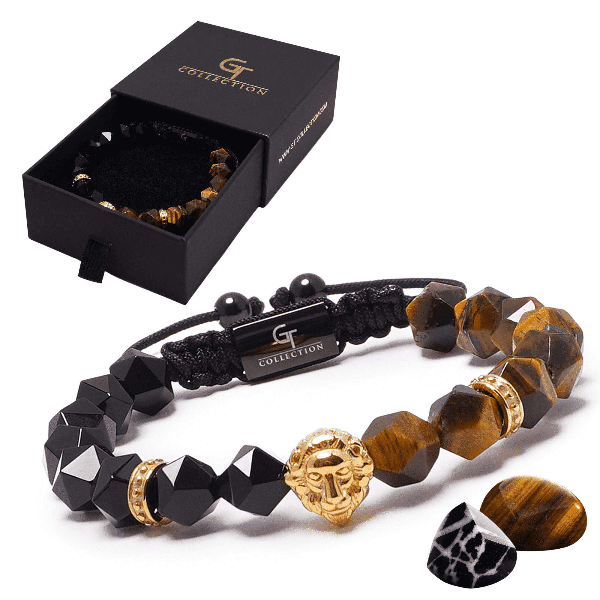 Men's TIGER EYE, ONYX Bracelet with Golden LION Head | Gift for Men | One Size Fits All | 100% Natural | Gemstone Adjustable Bracelet