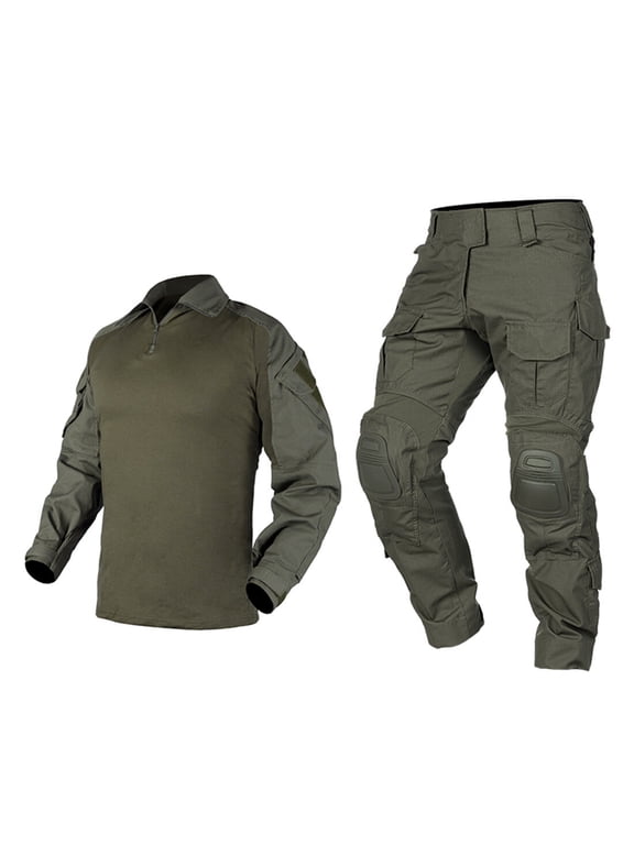 Men's Tactical Camouflage Combat Uniform BDU Set Long Sleeve Jacket and Pants with Removable Elbow Pads for Paintball Hunting Camping, L