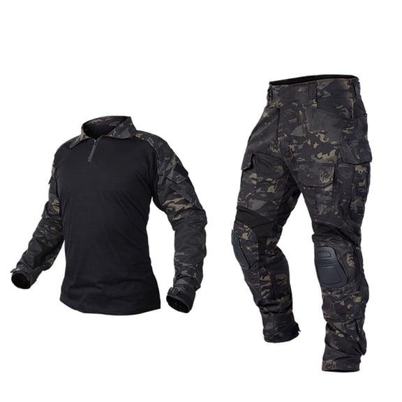 Men's Tactical Camouflage Combat Uniform BDU Set Long Sleeve Jacket and Pants with Removable Elbow Pads for Paintball Hunting Camping, L