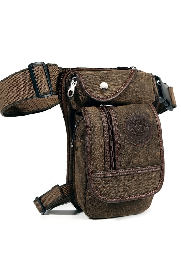 Men's Tactical Canvas Waist Pack - Outdoor Sports Leg Bag with Phone Holder, Vintage Style, Brown & Tan, Multiple Zippered Pockets, Adjustable Strap,, Ideal for Hiking and Casual Use, Pouch