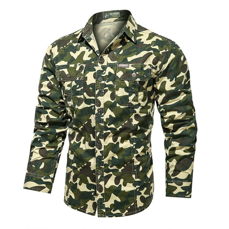 Men's Tactical Cargo Work Shirts Camo Military Casual Button Slim