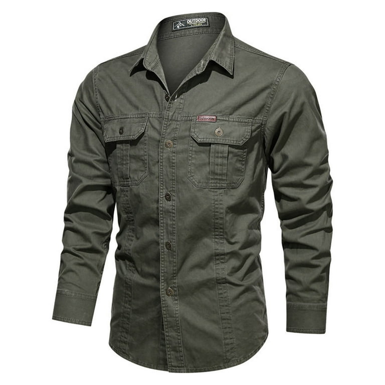 Men's Tactical Cargo Work Shirts Military Casual Button Up Slim