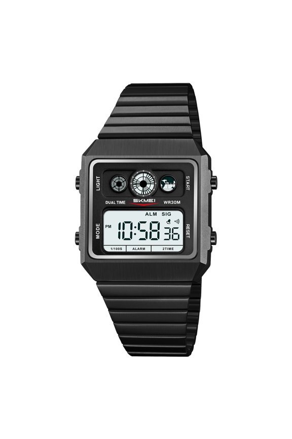 Men's Tactical Digital Sport Watch, Ultra-Thin Square Outdoor Adventure Watch with Stainless Steel Band, Multi-Function for Running, Hiking, Water Resistant