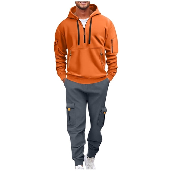 Men's Fleece Hoodie and Pant Set Long Sleeve 1/4 Zipper Sweatshirt Cargo Drawstring Sweatpants Casual Clothes (L, Orange)