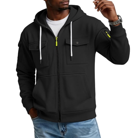 Men's Tactical Full Zip Hooded Sweatshirt Multi Chest & Sleeve Pockets Long Sleeve Casual Athletic Outer Tops Black M