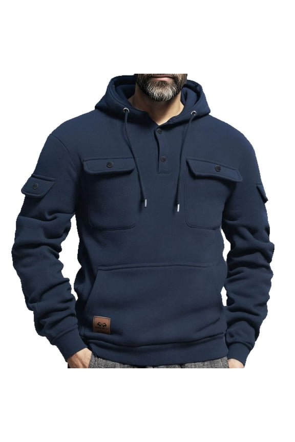 Men's Tactical Hoodie Fleece Sherpa Lined Snap Button Collar Pullover Long Sleeve Workout Jacket Sweatshirt