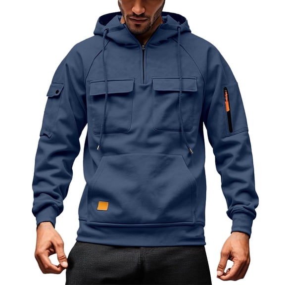 Men's Tactical Hoodies Fall Winter Zip Up Long Sleeve Workout Sweatshirts Multi Pockets Drawstring Outdoor Casual Loose Shirts Navy L