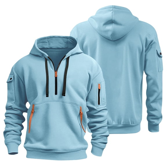 Men's Tactical Hoodies Quarter Zip Long Sleeve Hooded Vintage Casual Sweatshirts with Pockets Light Blue 3XL