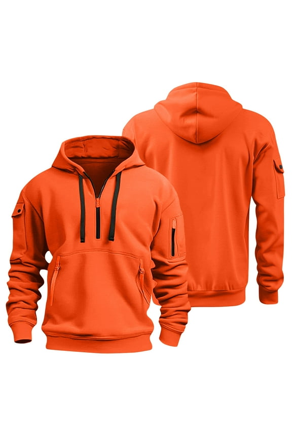 Men's Tactical Hoodies Quarter Zip Long Sleeve Hooded Vintage Casual Sweatshirts with Pockets Orange XL