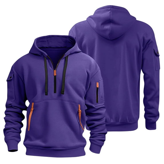 Men's Tactical Hoodies Quarter Zip Long Sleeve Hooded Vintage Casual Sweatshirts with Pockets Purple 4XL