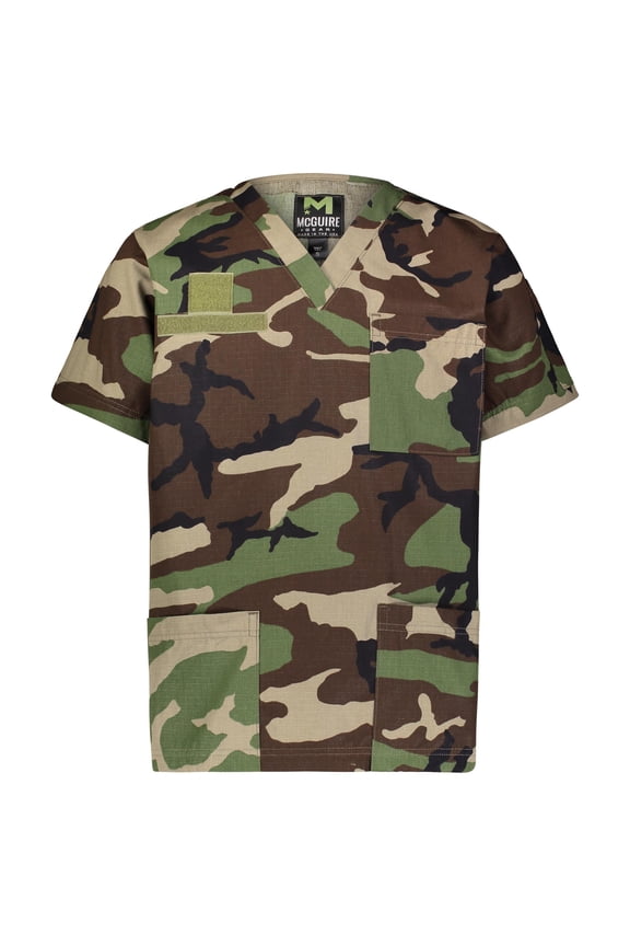 Men's Medical Srubs Shirt, Ripstop Nylon Cotton Blend, Nurses, Military, EMS, Made in USA, Woodland Camo, Size Small