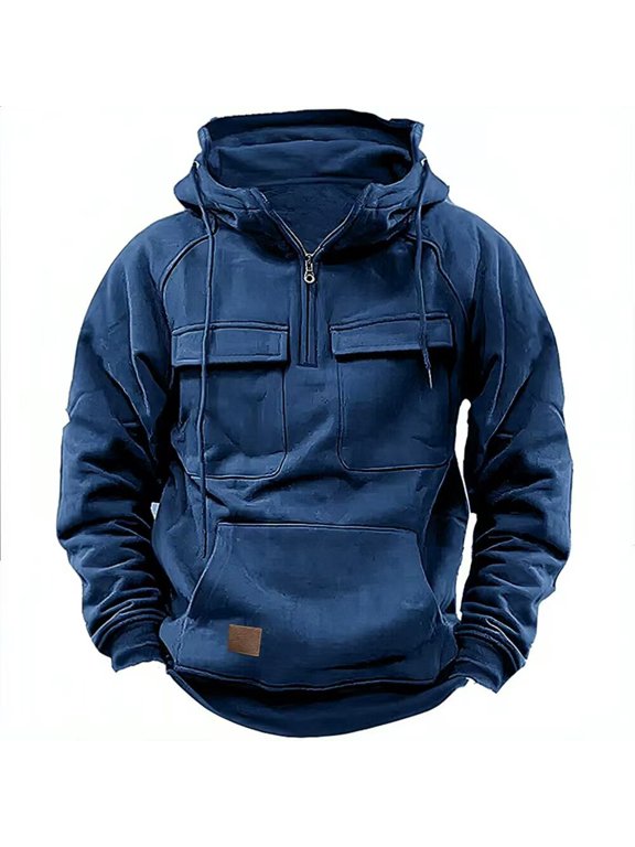 Men's Tactical Multi Pocket Hoodie, Quarter Zip Outdoor Pullover Jacket
