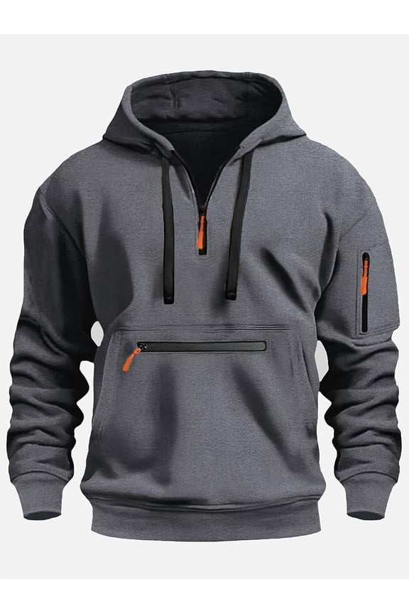 Men's Tactical Quarter Zip Pullover Hoodie Vintage Fleece Sweatshirt Plus Size Contrast Zipper Casual Tops with Functional Zipper Pockets