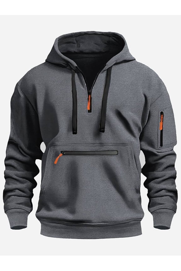 Men's Tactical Quarter Zip Pullover Hoodie Vintage Fleece Sweatshirt Plus Size Contrast Zipper Casual Tops with Functional Zipper Pockets