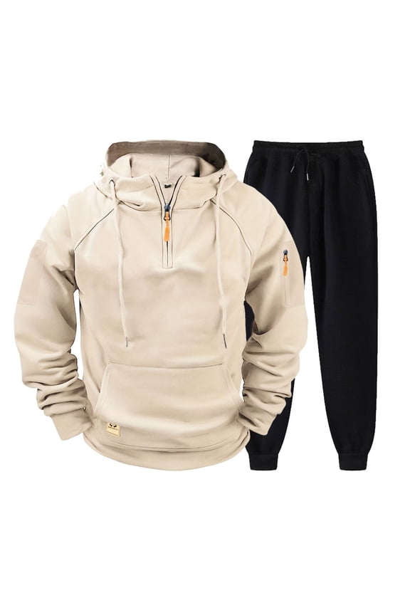 Men's Tactical Quarter-Zip Sweatsuit Set Cargo Hoodie & Joggers Quick-Dry Tech Utility Pockets Weather-Resistant Training Essential Military-Grade Urban Exploration Wear