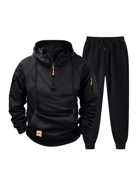Men's Tactical Quarter-Zip Sweatsuit Set Cargo Hoodie & Joggers Quick-Dry Tech Utility Pockets Weather-Resistant Training Essential Military-Grade Urban Exploration Wear