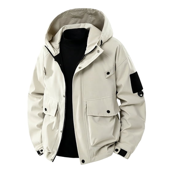 Men's Tactical Softshell Hooded Jacket, Windproof Waterproof Loose Casual Sport Rain Coat with Multi Snap Pockets, Outdoor Outerwear for Commuting Hiking Camping Beige