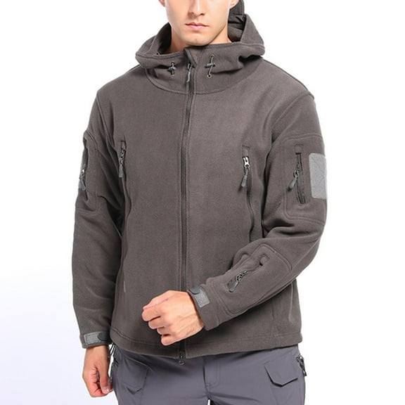 Men's Tactical Sport Warm Fleece Hooded Outdoor Adventure Jacket Coats Man Solid-Color Plush Multi-Pocket Zipper Outdoor Sports Charging Warm Long Sleeve Hooded Outwear Jacket