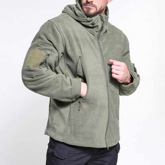 Men's Tactical Sport Warm Fleece Hooded Outdoor Adventure Jacket Coats Man Solid-Color Plush Multi-Pocket Zipper Outdoor Sports Charging Warm Long Sleeve Hooded Outwear Jacket