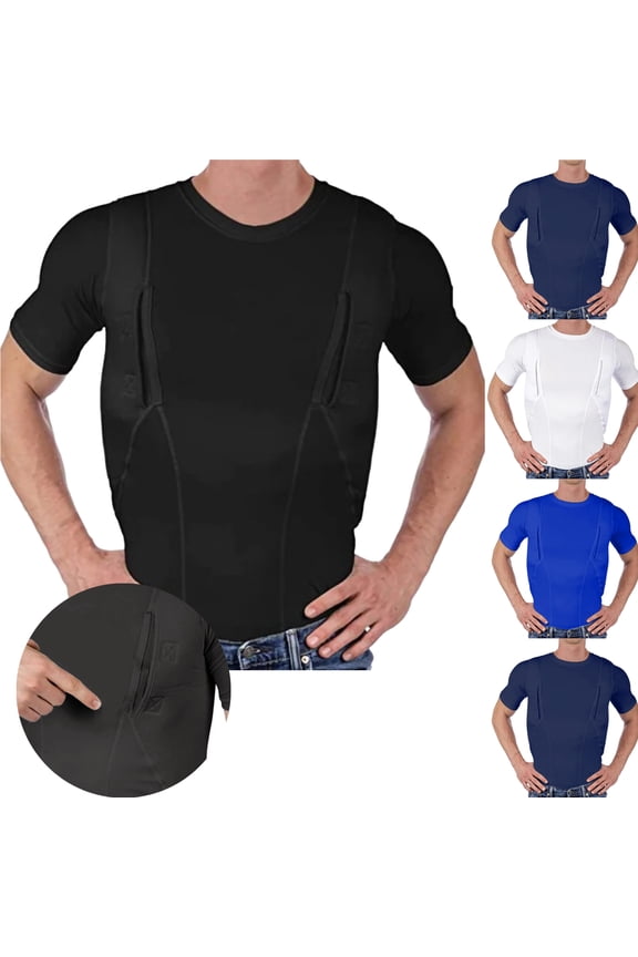 Men's Tactical T-Shirt with Hidden Pockets Compression Short Sleeve Shirt Round Neck Workout Tops Athletic Gym Wear for Men
