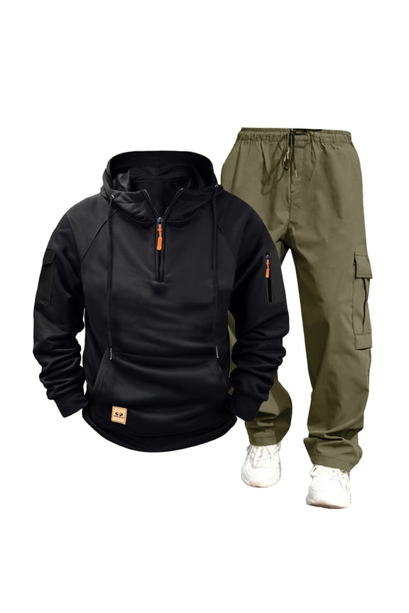 Men's Tactical Tracksuit Set Quarter Zip Hoodie &racksuit Set Quarter Zip Hoodie & Cargo Sweatpants 2-Piece Outdoor Hiking Jogging Suit Winter Athletic Wear with Multiple Pockets Utility Set